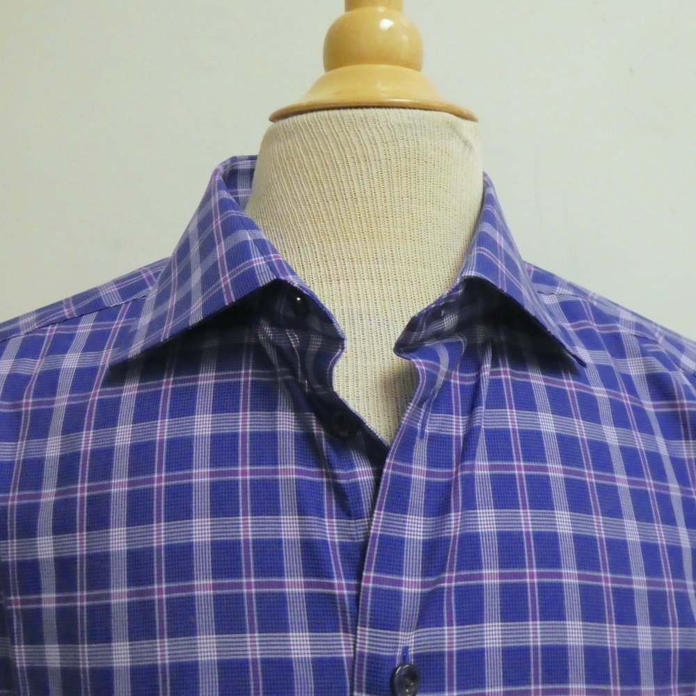 ETON of Sweden BLUE white PLAID CONTEMPORARY Fit cotton shirt 16 NWT